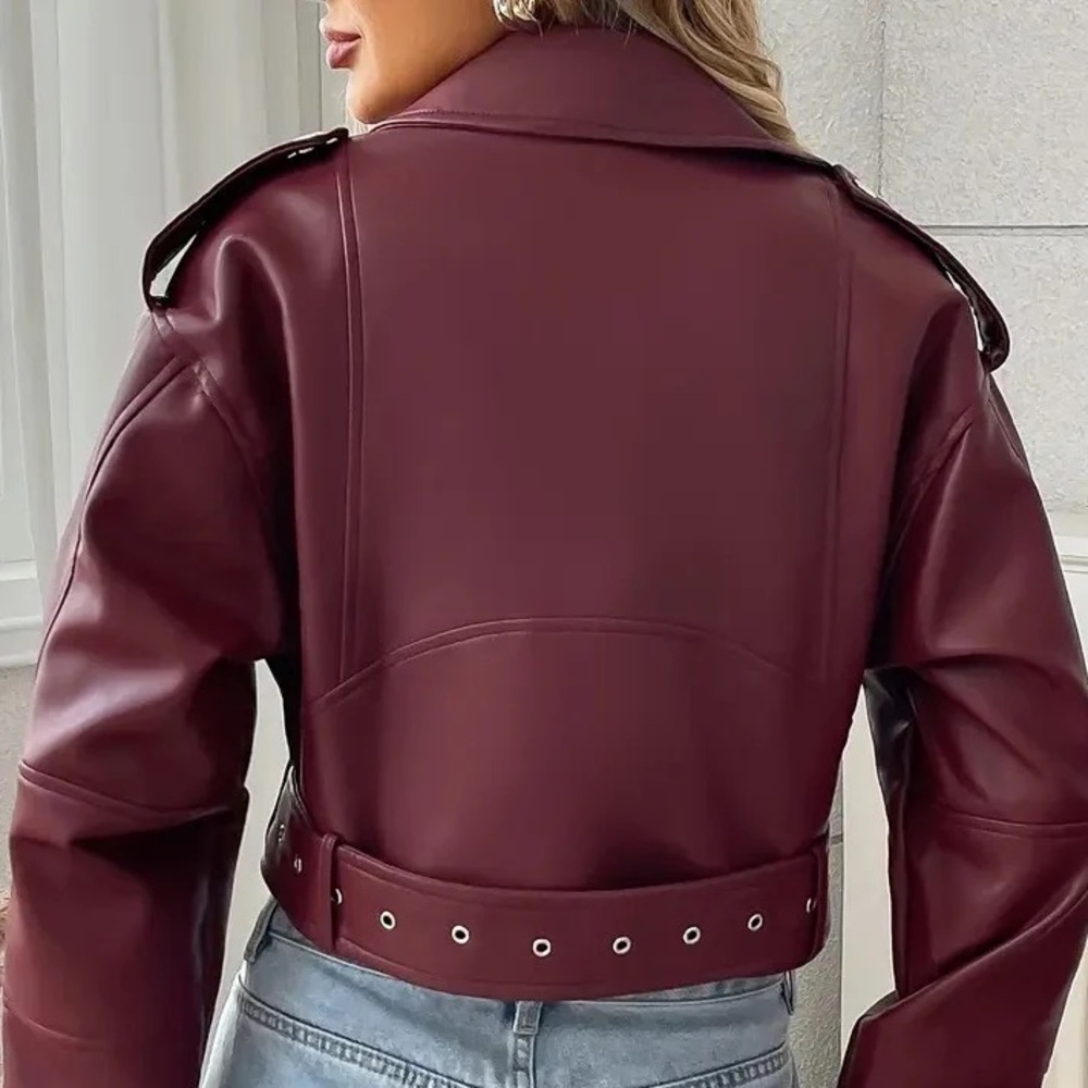 Women's Burgundy faux Leather Jacket blazer - Picture 3 of 4